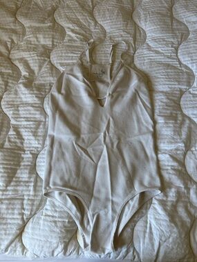 Free People Cream Ribbed Halter V-Neck Bodysuit